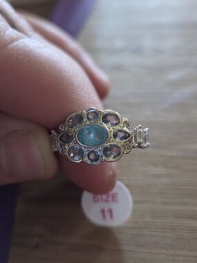 Sterling Silver Teal Cabochon Floral Cluster Ring